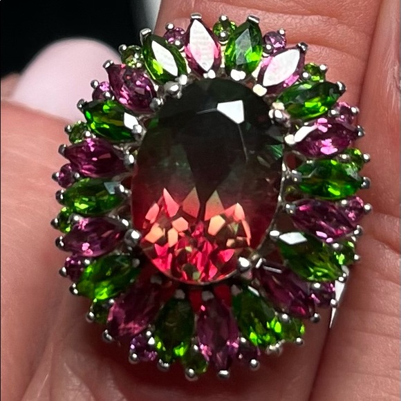 WOW! Watermelon Quartz, Rhodolite, Diopside and Garnet Cocktail Ring - Picture 3 of 5